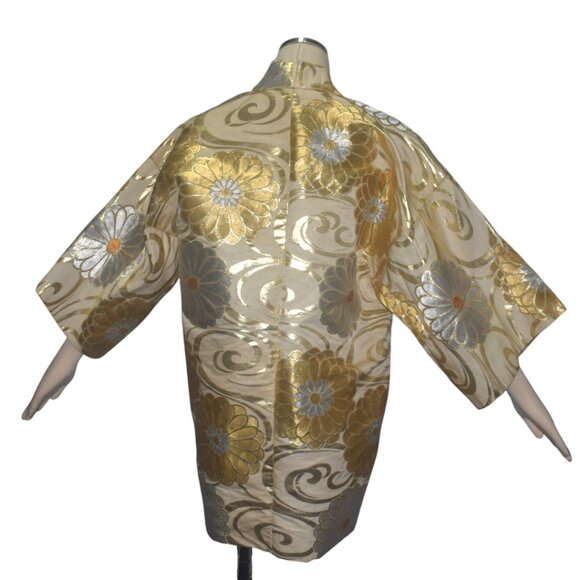 Vintage 50s 60s Gold Silver Metallic Floral Short Kimono Jacket Tokyo XL As Is - Picture 3 of 14